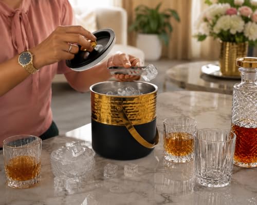 Premium Double Wall Ice Bucket with Lid & Tong, 1 Litre | Insulated Ice Holder with Hammered Gold Finish & Matte Black Base | for Bar, Home, Parties & Gifting